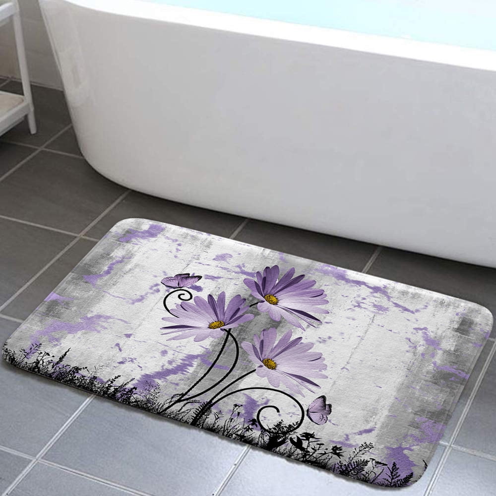 Rustic Farmhouse Bath Rug, Farm Purple Grey Daisy Floral Flowers and Butterfly on Country Wooden Bath Mat, Gray White Violet Kitchen Rug Floor Mat Soft Non Slip Runner Carpet Indoor Doormat 19X31IN