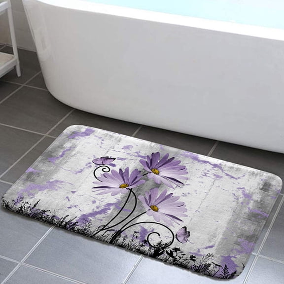 Rustic Farmhouse Bath Rug, Farm Purple Grey Daisy Floral Flowers and Butterfly on Country Wooden Bath Mat, Gray White Violet Kitchen Rug Floor Mat Soft Non Slip Runner Carpet Indoor Doormat 19X31IN