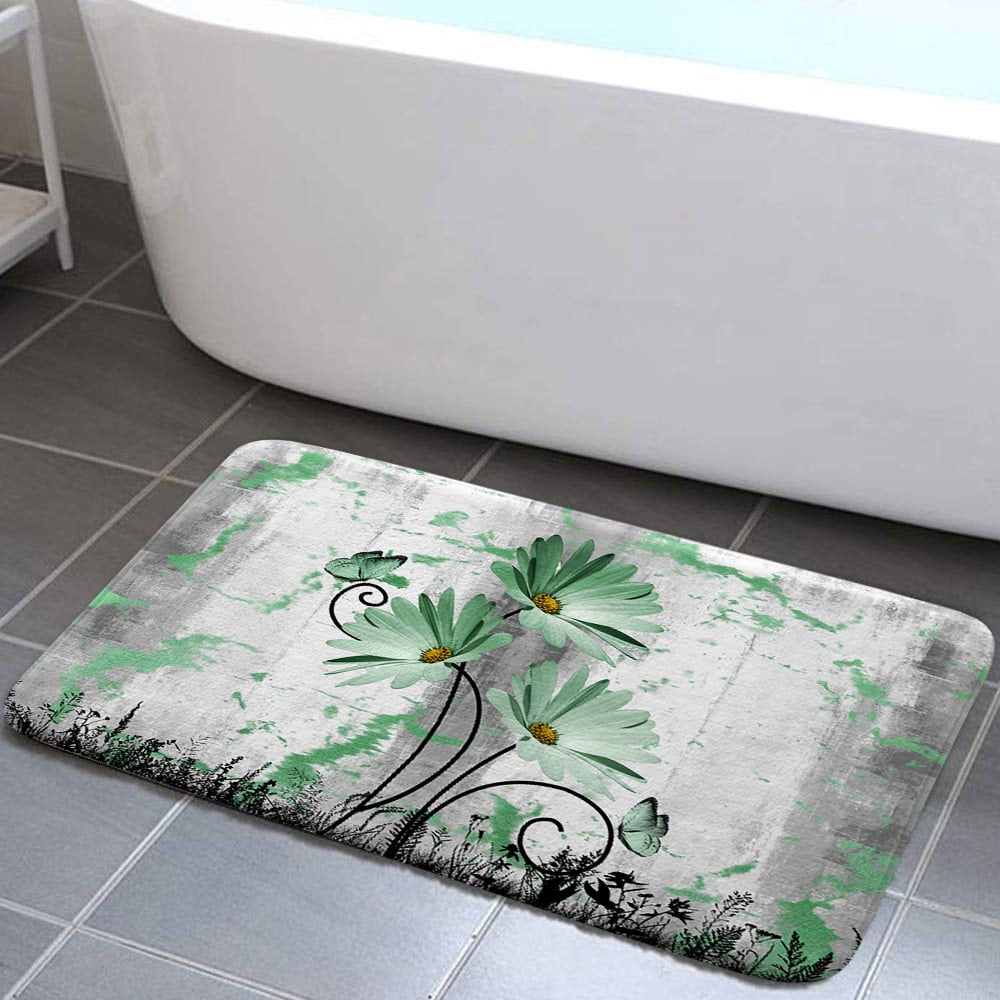 Rustic Farmhouse Bath Rug, Farm Sage Green Grey Daisy Floral Flowers and Butterfly on Country Wooden Bath Mat, Sea Foam Green Kitchen Rug Floor Mat Soft Non Slip Runner Carpet Indoor Doormat 19X31N