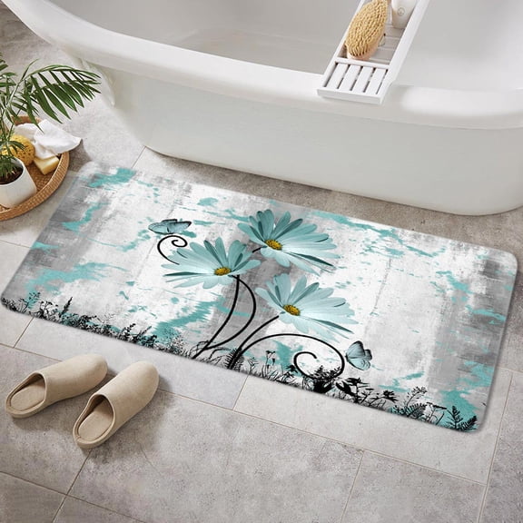 Rustic Farmhouse Bath Rug, Farm Teal Grey Daisy Floral Flowers and Butterfly on Country Wooden Bath Mat, Turquoise Kitchen Rug Floor Mat Soft Non Slip Runner Carpet Indoor Doormat 17X48IN