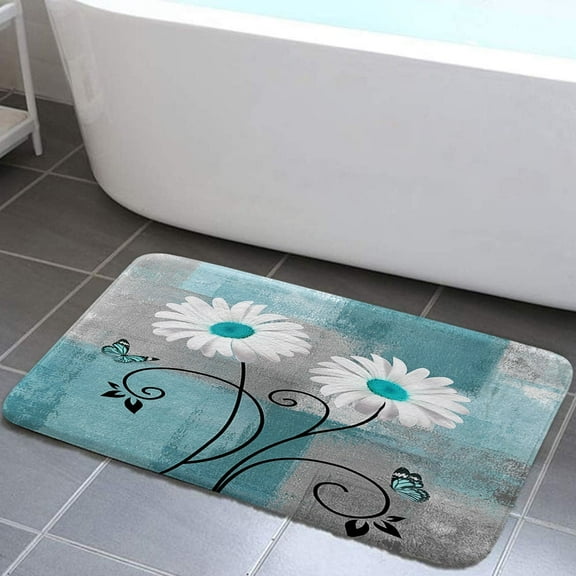 Rustic Farmhouse Bath Rugs, Daisy Floral Flowers and Butterfly on Teal Blue Turquoise Country Grunge Wooden Non-Slip Doormat Bath Mat, Modern Minimalist Ombre Bathroom Accessories