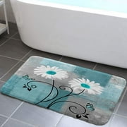 Rustic Farmhouse Bath Rugs, Daisy Floral Flowers and Butterfly on Teal Blue Turquoise Country Grunge Wooden Non-Slip Doormat Bath Mat, Modern Minimalist Ombre Bathroom Accessories