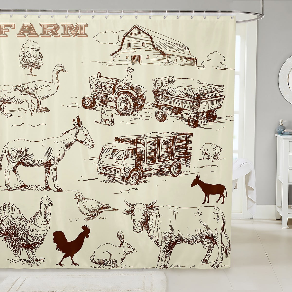 Rustic Farmhouse Bathroom Curtain Farm Animal Bath Curtain, Cow Goat