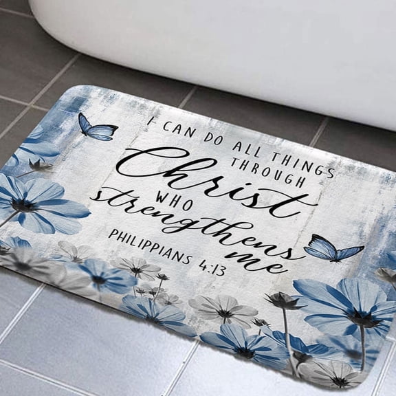 Rustic Farmhouse Bathroom Rug Mat, Blue Teal Butterfly Cotton Flower Inspirational Quotes Chic Country Bathroom Rugs, Bible Verse Scripture Quotes Bath Carpet, Soft and Absorbent Bath Rugs(17"X29")