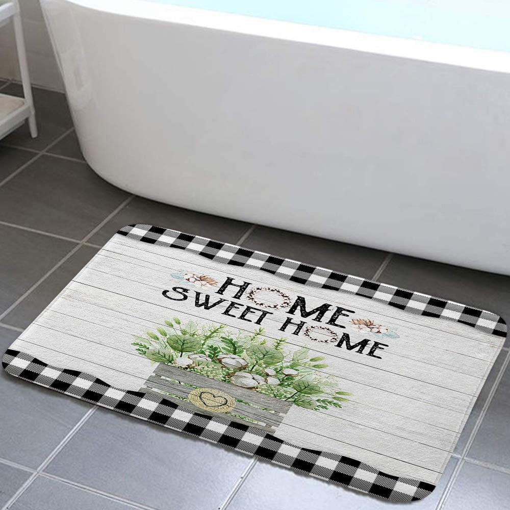 Rustic Farmhouse Bathroom Rug, Modern Floral Green Eucalyptus Leaves