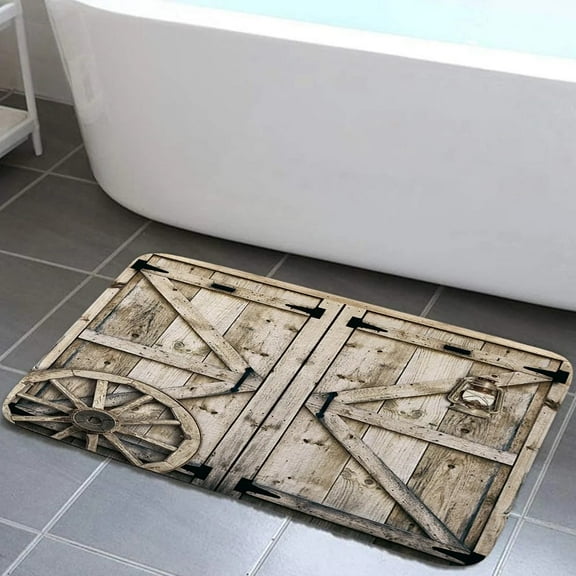 Rustic Farmhouse Bathroom Rugs Vintage Country Wooden Barn Door Bath Mat Soft Flannel Bath Rugs Bathroom Decor Warm Floor Mat for Living Room Bedroom 17X48 Inches