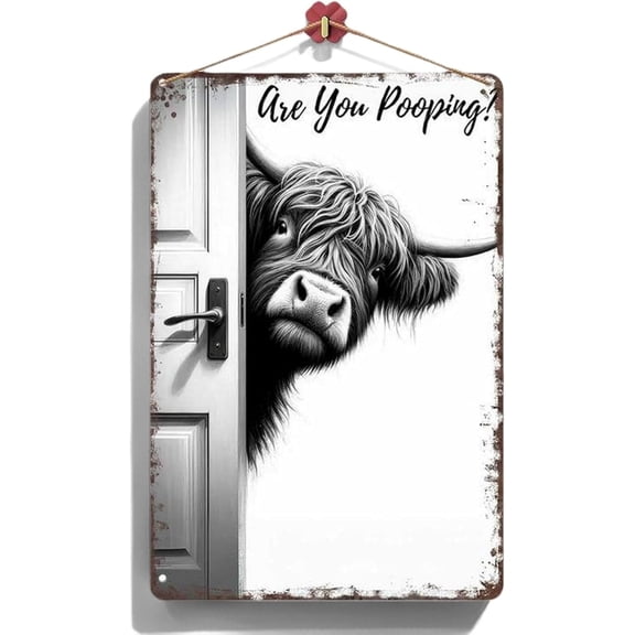 Rustic Farmhouse Bathroom Wall Art, Black and White Highland Cow Metal Tin Sign, Vintage Country Toilet Decor, Waterproof Washroom Plaque