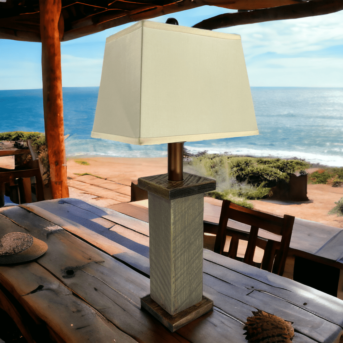 Rustic Farmhouse Battery-Powered Rough Sawn Timber Frame Table Lamp, 28" Tall, Cordless, Indoor, 3 Stage Dimmer + Auto-off Timer for Living Room, Bedroom, Entryway, Cabin Décor