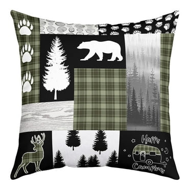 Rustic Farmhouse Bear Deer Decorative Pillow Cover,Buffalo Grid Checkered Throw Pillow Cover,Woodland Wild Animals Pillow Cover,Cartoon Travel Car Cushion Cover for Rv Camper,20x20 Inch