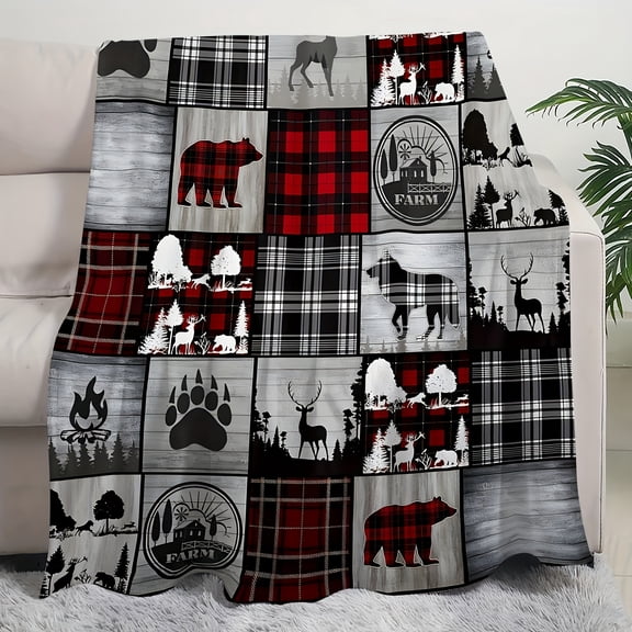 Rustic Farmhouse Bear Paw Blanket Rustic Farmhouse Flannel Throw Blanket with Bear Paw & Deer Print Soft Tear Resistant All Season Bedding for Couch Sofa Office and Travel