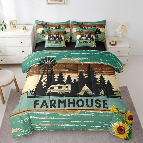 Rustic Farmhouse Bed in a Bag 7 Pieces Happy Camping Camper Bedding Set, RV Travel Trailer Car Queen Size Comforter Set Vintage Old Barn Door Bedding Comforter Sets, Retro Windmill Jungle Bed Set