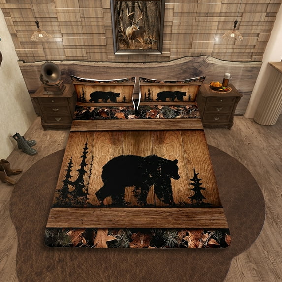 Rustic Farmhouse Bed Sheets Country Cabin Bear Sheet Set Twin,Tree Branches Woodland Camo Hunting Wildlife Bedding Sheets For Teen Men Camouflage Animal Bed Sheets Set 3 Pcs
