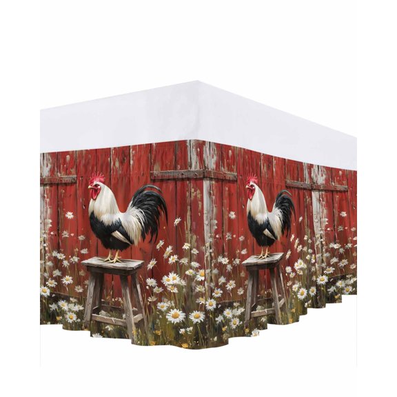 Rustic Farmhouse Bed Skirt Queen Size 16" Drop Rustic Red Barn Rooster Wildflowers Ruffled Wrap Around Bed Skirts Adjustable Elastic Bedskirt Dust Ruffle for Queen Size Bed