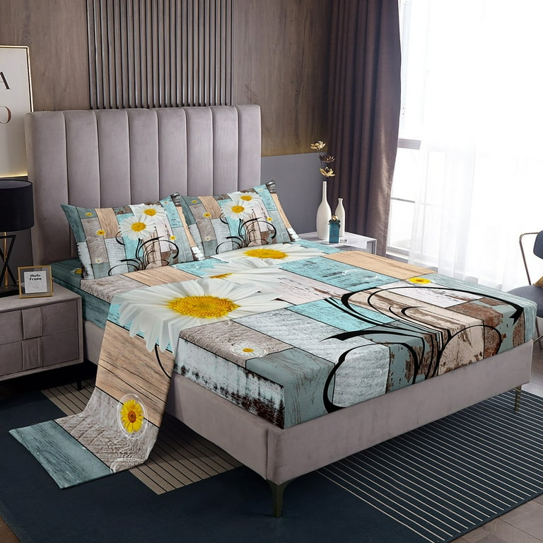 Rustic Farmhouse Bed Sheets Set Daisy Flower Sheets Floral Morning Dew Sheet Set for Kids Youth Adults Vintage Wooden Plank Style Bedding Set 3 Pieces for Cowboys Cowgirls Twin Walmart