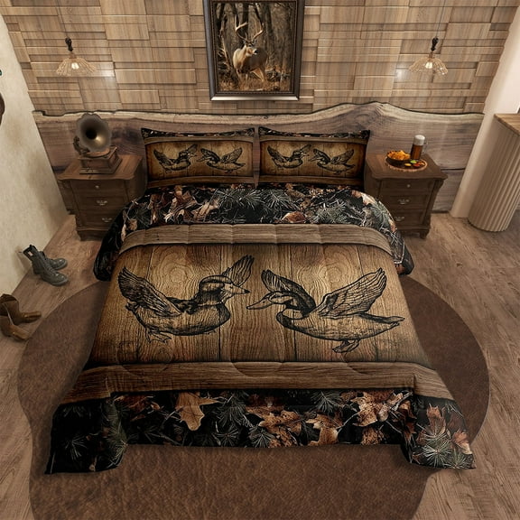 Rustic Farmhouse Bedding Comforter Sets Full Tree Branches Camo Cabin Bedding Set Hunting Animal Mallard Duck Comforter Set Men Woodland Camouflage Wildlife Quilt Set