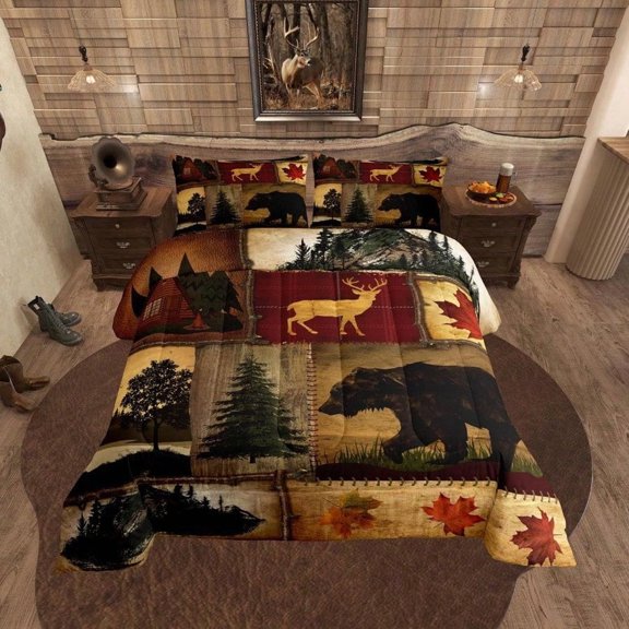 Rustic Farmhouse Bedding Comforter Sets Queen Size Retro Cabin Lodge Bedding Sets Hunting Bear Deer Comforter Set Country Maple Leaves Duvet Insert Rustic Woodland Pine Tree Quilt Red Brown
