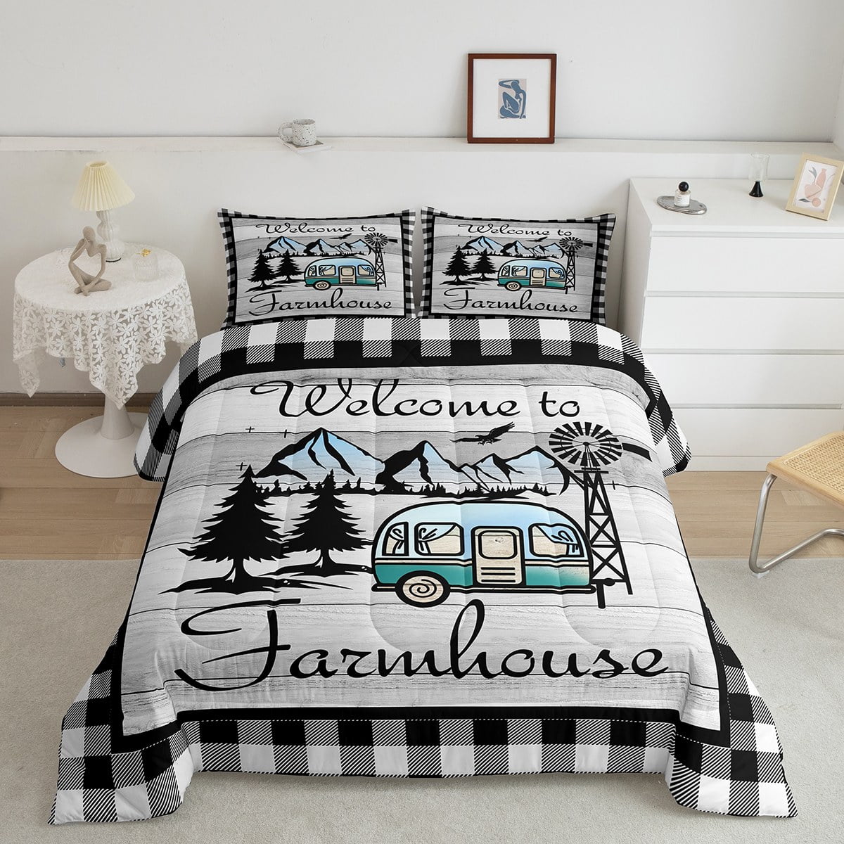 Rustic Farmhouse Bedding Set Queen for Boys Girls Happy Camping Comforter Set, Black White Grid