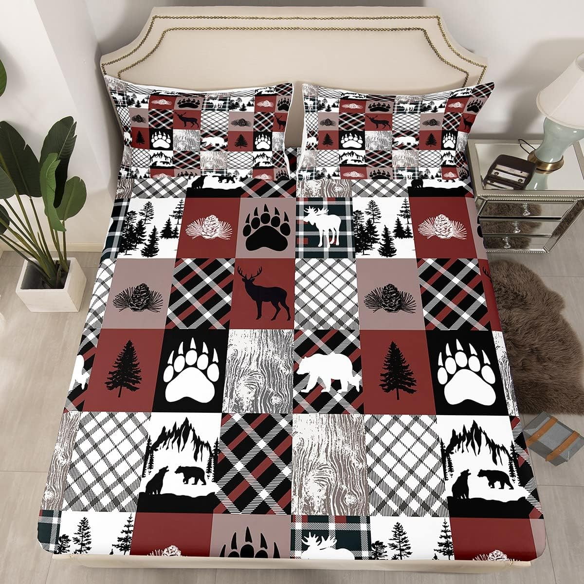 Rustic Farmhouse Bedding Set Queen Size,Hunting Bear Moose Bed Sheets