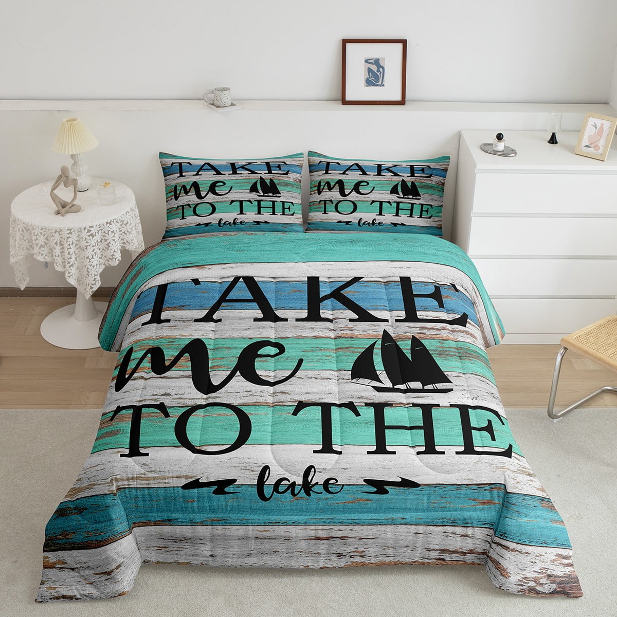 Rustic Farmhouse Bedding Set Queen Size, Lake House Comforter Set Lodge