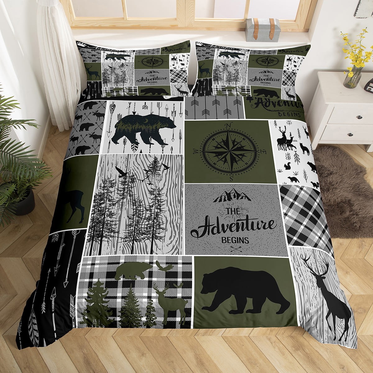 Rustic Farmhouse Bedding Set Twin, Hunting Bear Deer Comforter Cover