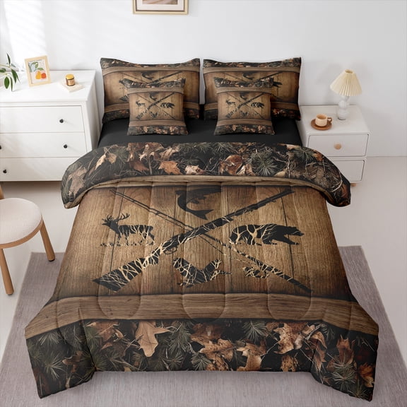 Erosebridal Rustic Farmhouse Bedding Sets 7 Piece Retro Camo Cabin Lodge Comforter Set Queen Hunting And Fishing Bed In A Bag Adults Men Wildlife Bear Deer Fish Duck Sheet Set With Comforter