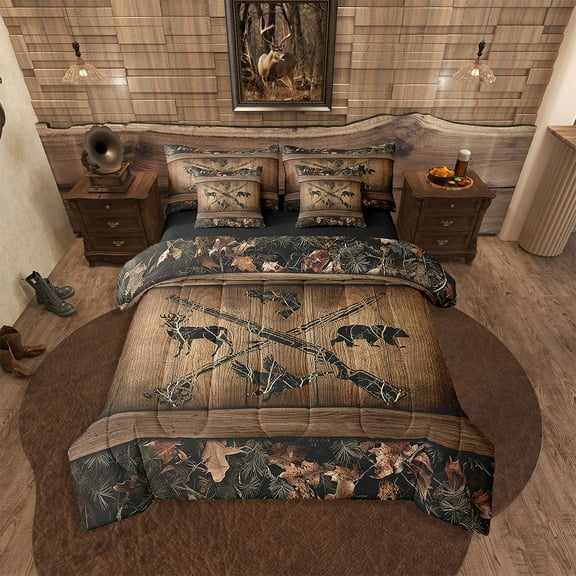 Rustic Farmhouse Bedding Sets 7 Piece Retro Camo Cabin Lodge Comforter Set Twin Hunting And Fishing Bed In A Bag Adults Men Wildlife Bear Deer Fish Duck Sheet Set With Comforter