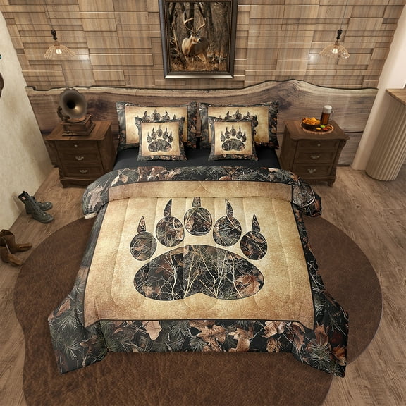 Rustic Farmhouse Bedding Sets Queen 7 Piece Camo Bear Paw Comforter Set Woodland Hunting Camouflage Animal Bed In A Bag Men,Retro Cabin Wildlife Sheet Set With Comforter