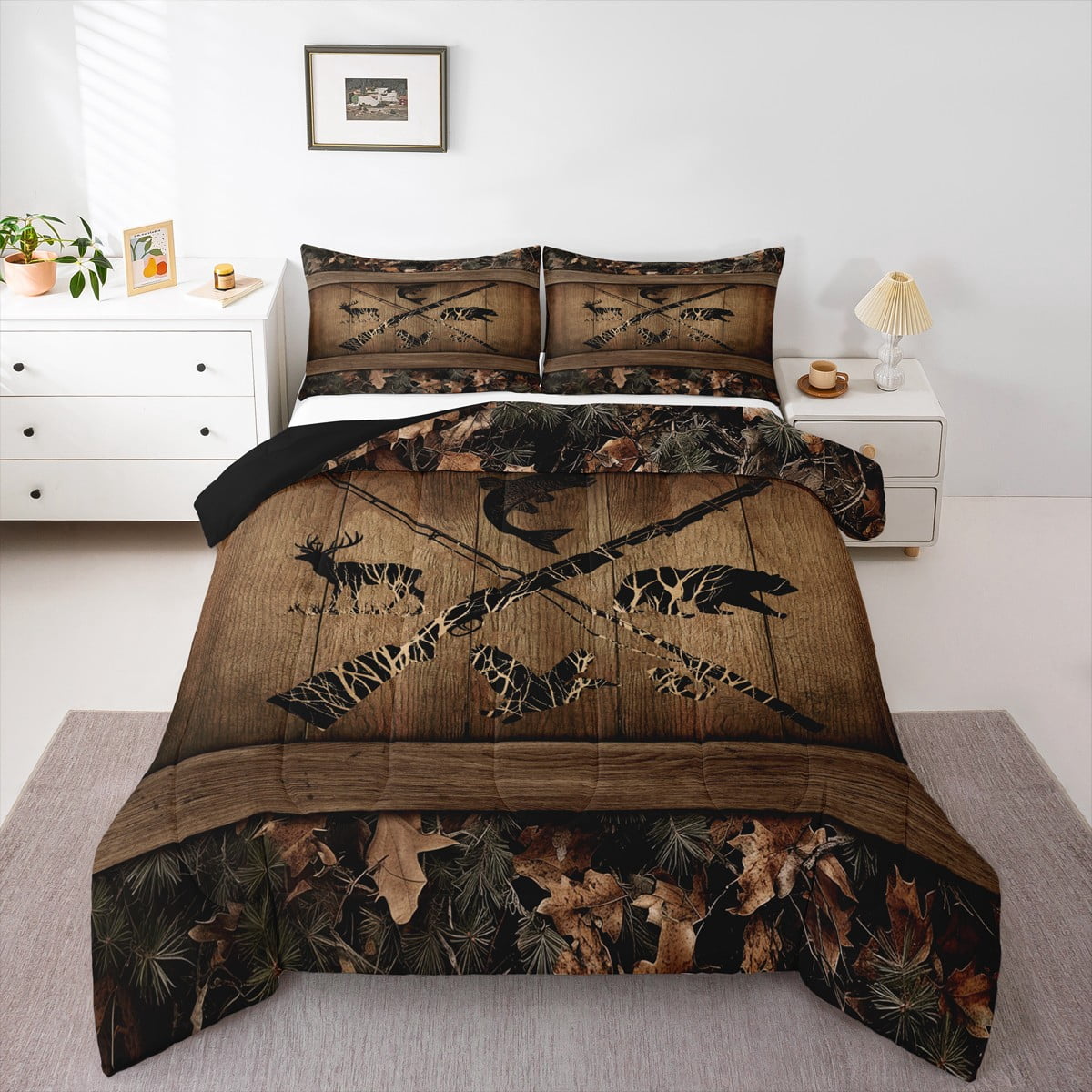 Rustic Farmhouse Bedding Sets Retro Camo Cabin Lodge Comforter Set Queen Hunting And Fishing Bedding Comforter Sets Adults Men Wildlife Bear Deer Fish Duck Quilt Set 3 Pcs