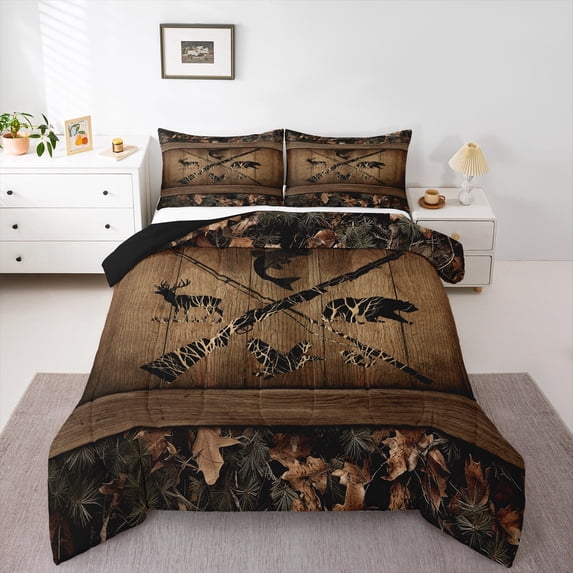 Rustic Farmhouse Bedding Sets Retro Camo Cabin Lodge Comforter Set Queen Hunting And Fishing Bedding Comforter Sets Adults Men Wildlife Bear Deer Fish Duck Quilt Set 3 Pcs
