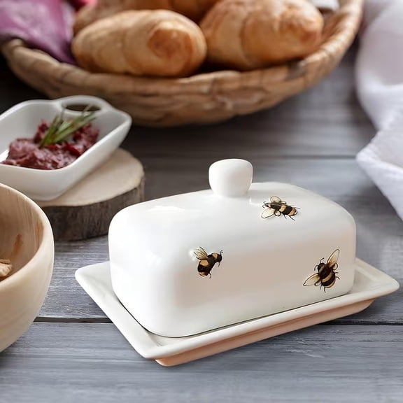 Rustic Farmhouse Bee Ceramic Butter Dish with Lid - Durable Stoneware Butter Keeper for Kitchen Decor