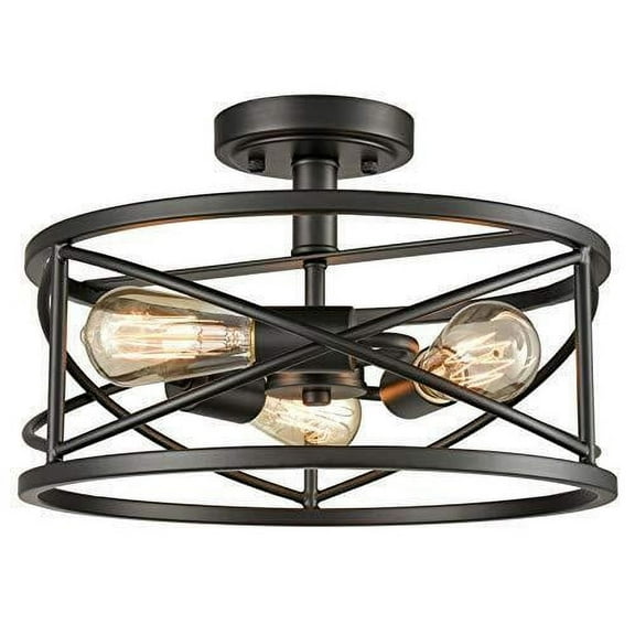 Rustic Farmhouse Black Flush Mount Ceiling Light Drum Fixture for Hallway