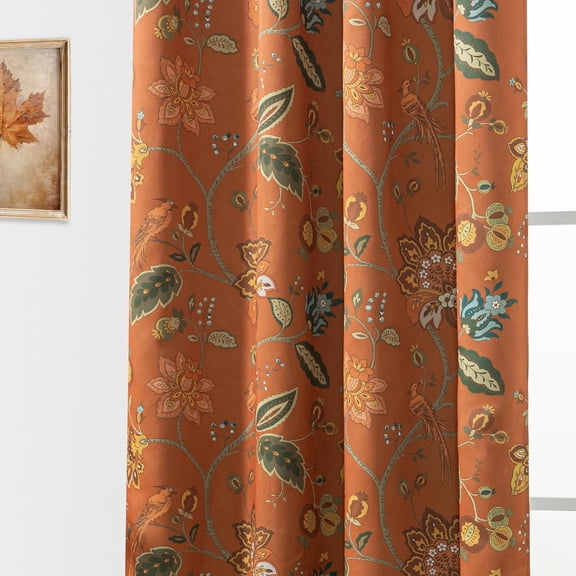 Rustic Farmhouse Blackout Curtains 96" Long, Earthy Rust Orange Olive Green Boho Vintage Floral Drapes, 2 Panels Set