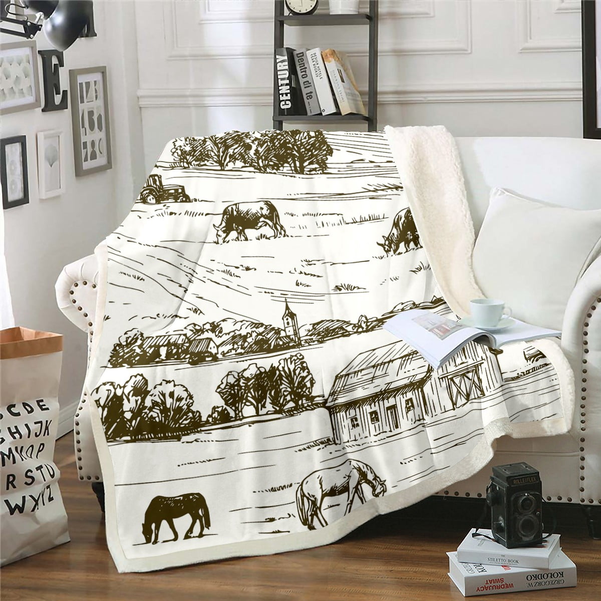Image showcasing Rustic Farmhouse Blanket Twin Size,Western Farmhouse Horse Sherpa ...