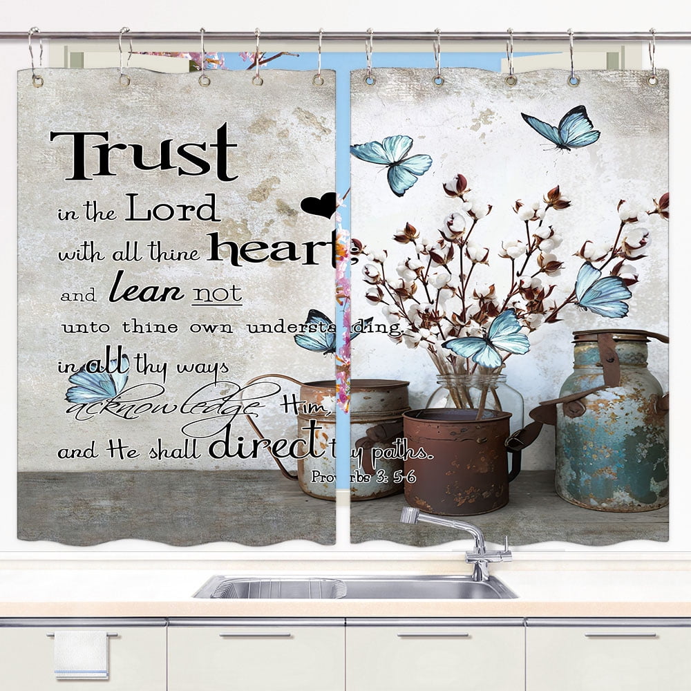 Rustic Farmhouse Blue Butterfly Kitchen Curtains, Flower Inspirational