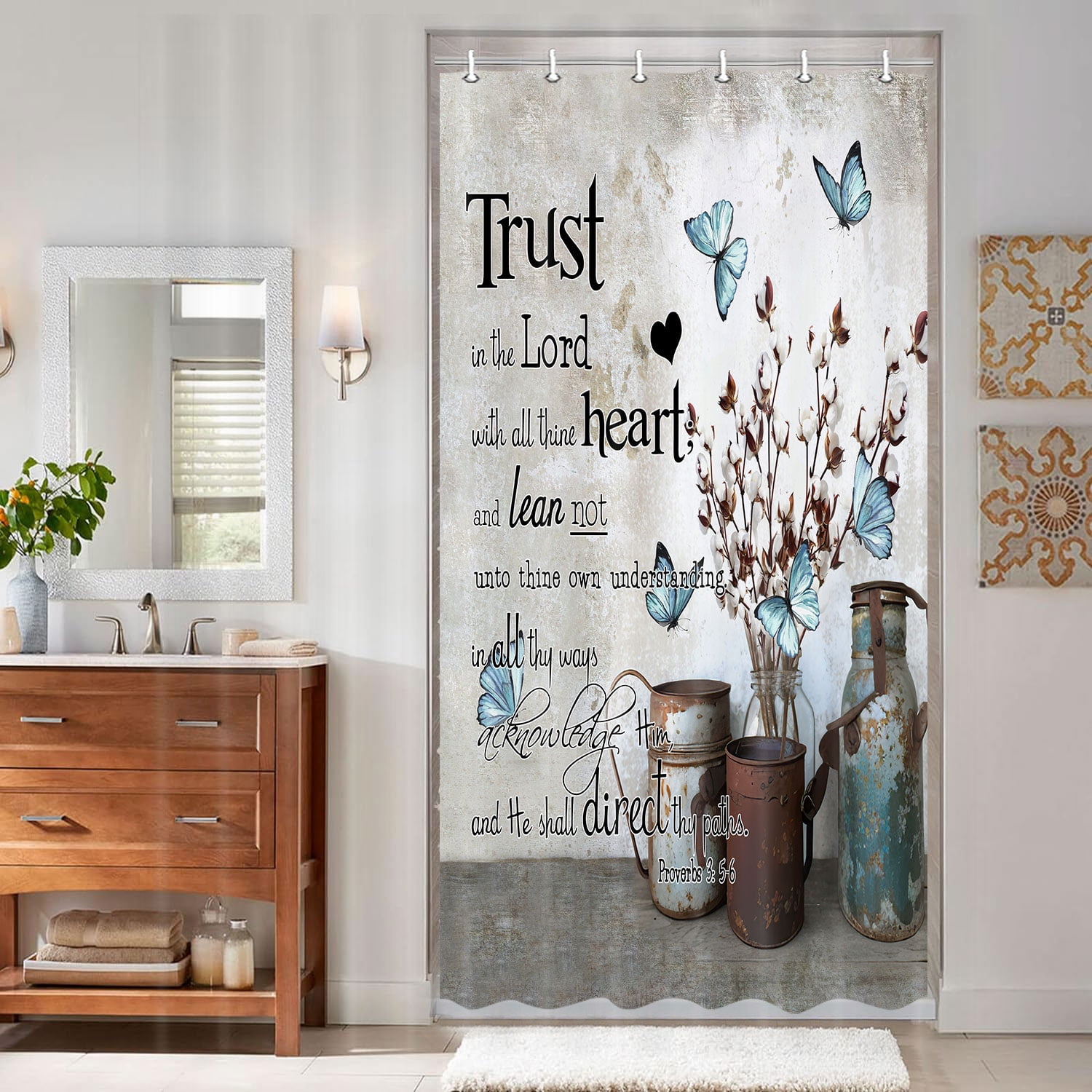 Rustic Farmhouse Blue Butterfly Shower Curtain, Flower Inspirational