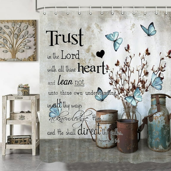 Rustic Farmhouse Blue Butterfly Shower Curtain, Flower Inspirational Quotes Shabby Chic Country Shower Curtain for Bathroom, Bible Verse Scripture Quotes Shower Curtain with Hooks,72X84IN