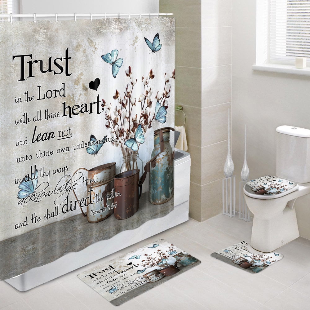 Rustic Farmhouse Blue Butterfly Shower Curtain Set and Rugs, Flower