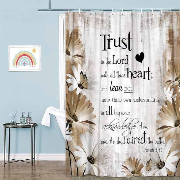 Rustic Farmhouse Brown Shower Curtain - Bible Verse Inspirational Country Farm Tan Daisy Flowers Butterfly Abstract Set for Bathroom,Grey,36X72 in