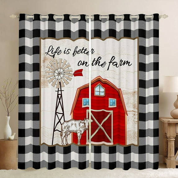 Rustic Farmhouse Cabin Curtains & Drapes 38"Wx54"L, Country Windmill Curtains Bedroom,Farm Cow Wooden Barn Door Blackout Curtains Black White Plaid Window Treatments Farmhouse Gifts For Women