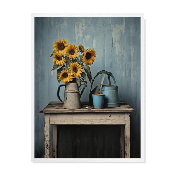 Rustic Farmhouse Canvas Wall Art Decor - Sunflower Floral Painting, Vintage Wood Style - Bedroom and Living Room Wall Decor - 12"x16" Unframe