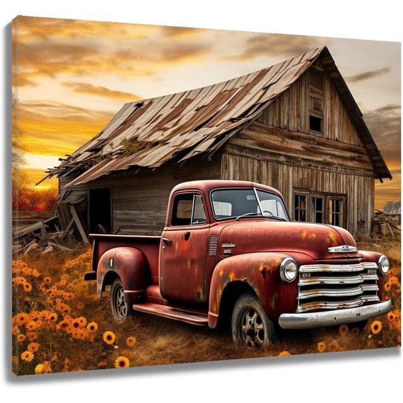 Rustic Farmhouse Canvas Wall Art Old Car and Cattle with Barn Framed Canvas Art Farm Cow and Sunflowers Canvas Wall Art Decor for Living Room Brown Bedroom Bathroom Decor, 16 x 12 inch