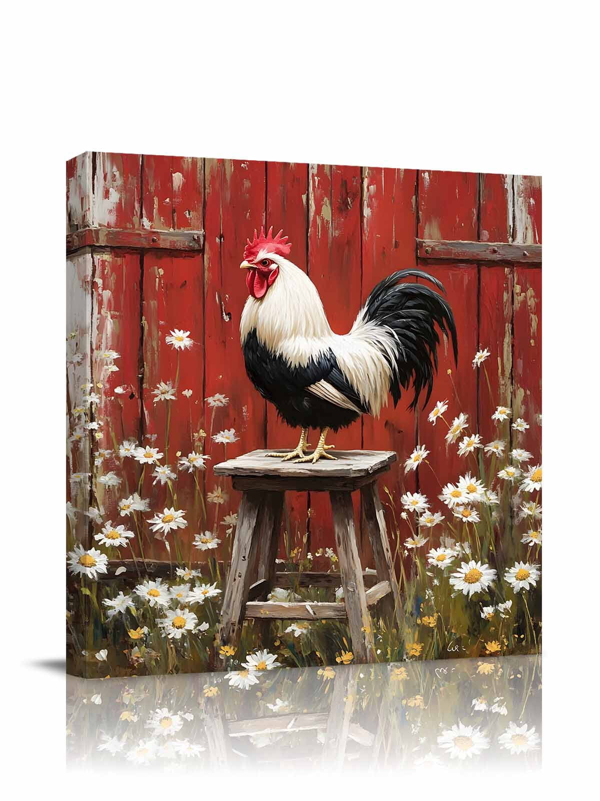 Rustic Farmhouse Canvas Wall Art, Rustic Red Barn Rooster Wildflowers Framed Wall Decor Modern Artwork Prints Painting for Living Room, Bedroom, Kitchen & Cafe Decor 16x16 Inch