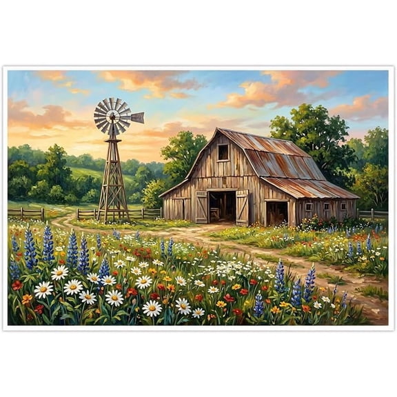 Rustic Farmhouse Canvas Wall Art Vintage Barn Windmill Painting Country Landscape Wildflower Meadow Sunset Scenery Prints for Living Room Bedroom Kitchen Home Decor