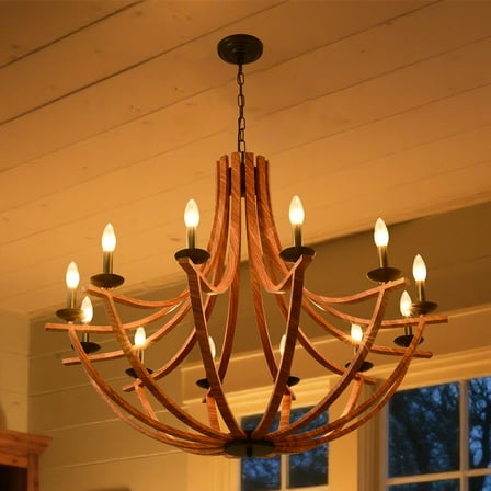 Rustic Farmhouse Chandelier - 12-Light Wood Texture Hanging Fixture, Adjustable Height, Dimmable, for Kitchen Island, Dining Room, Foyer