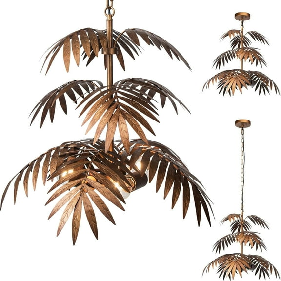 Rustic Farmhouse Chandelier, Flush Mount Chandelier with Gold Palm Leaves Decor, Art Deco Pendant Light for Home