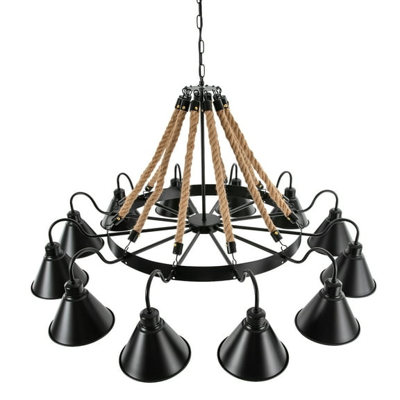 Rustic Farmhouse Chandelier Industrial Pendant Hemp Rope Ceiling Lamp, French Country Rustic Industrial Drum Hanging Pendant Lighting Over Table for Kitchen Island Dining Room Entryway