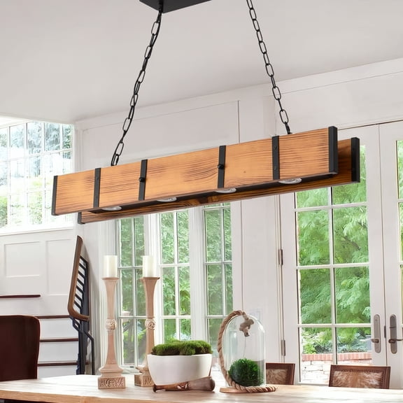 Rustic Farmhouse Chandelier for Dining Room 39in Wood Rectangular Pendant Light with LED Dimmable Downlights, Brown