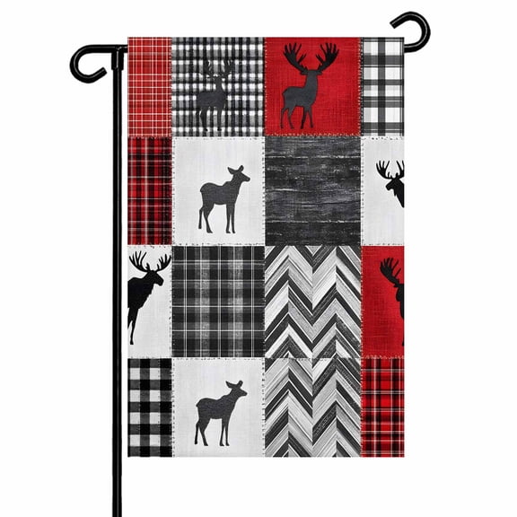 Rustic Farmhouse Checkered Plaid Garden Flags for Outside Country Cabin Deer Double Sided Yard Flags Outdoor House Decoration, Small 12X18 Inch, Red Black White