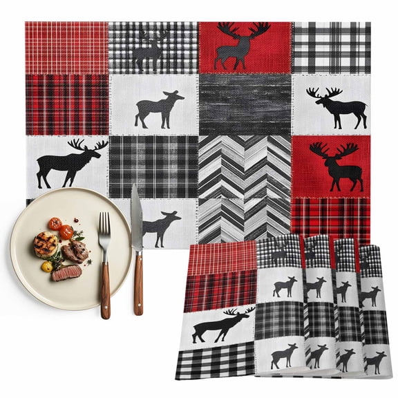 Rustic Farmhouse Checkered Plaid Placemat of 1 PC, Country Cabin Deer Table Mats Washable Heat-Resistant Non-Slip Place Mats for Kitchen Dinner Table Indoor Outdoor Decor,13x19 Inch Red Black White