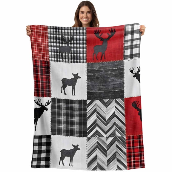 Rustic Farmhouse Checkered Plaid Throw Blankets, Country Cabin Deer Soft Fleece Blanket Decorative for Home Sofa Couch Chair Living Bedroom, 30x40 Inches, Red Black White